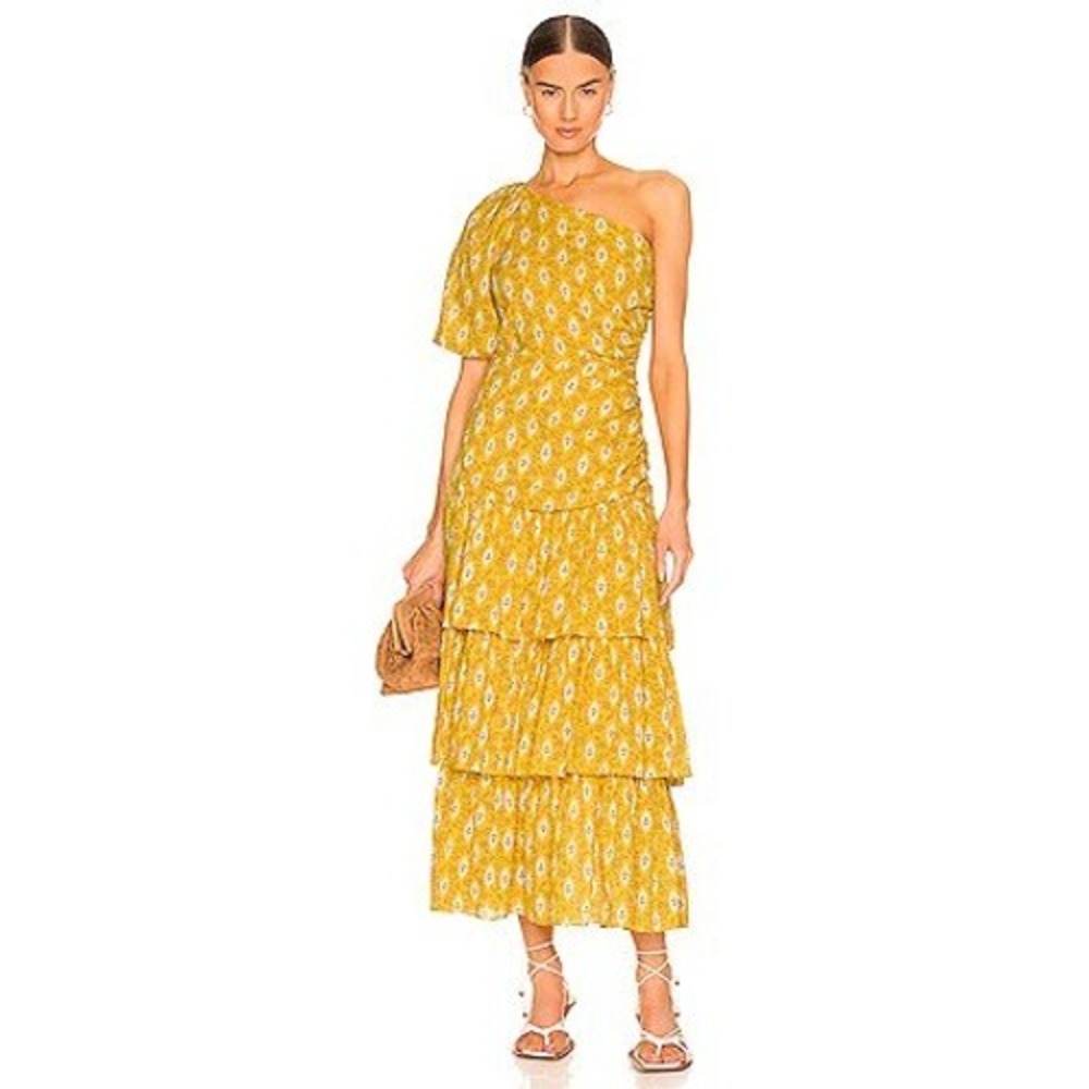 Veronica Beard Yellow Ikat Floral One Shoulder Tiered Ruffle Midi Dress Size 0